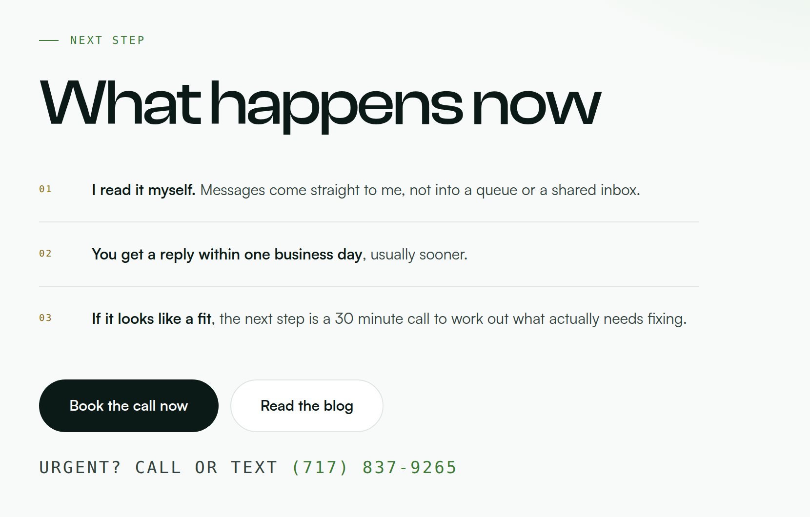 The confirmation page on pfendermarketing.com, headed What happens now, with three numbered steps: I read it myself, you get a reply within one business day, and if it looks like a fit the next step is a 30 minute call. Below are buttons to book the call or read the blog, and a line saying urgent? call or text (717) 837-9265.